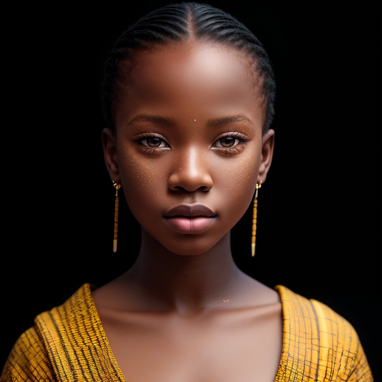 SFW, (masterpiece:1.3), best quality, extra resolution, wallpaper, distant short, full body portrait of AIDA_LoRA_EmSam <lora:AIDA_LoRA_EmSam:0.55> in (bright yellow tribal African clothes:1.1), little girl, pretty face, beautiful child, very detailed face, (looking at viewer with love:1.3), (very detailed natural skin with pores), dolly short, parted lips, intricate pattern, (studio photo:1.3), (trending on artstation:1.3), kkw-ph1, colorful, (black background:1.3), stunningly beautiful, simple background