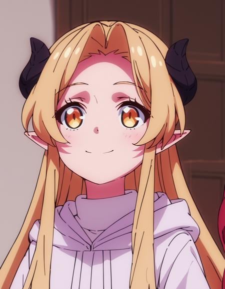 score_9, score_8_up, score_7_up, score_6_up, score_5_up, score_4_up, source_anime, , Yulia, long hair, blonde hair, yellow eyes, demon girl, demon horns, pointy ears,  soft smile, portrait