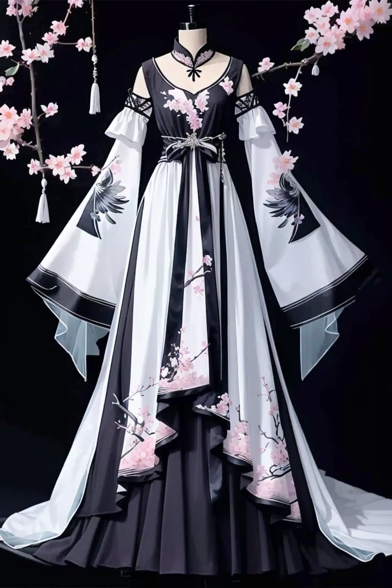 CostumeDesigning, solo, black background, dress, sleeves past wrists, cherry blossoms, sleeves past fingers, standing, branch, flower,  <lora:20240531-1717117400420:0.8>