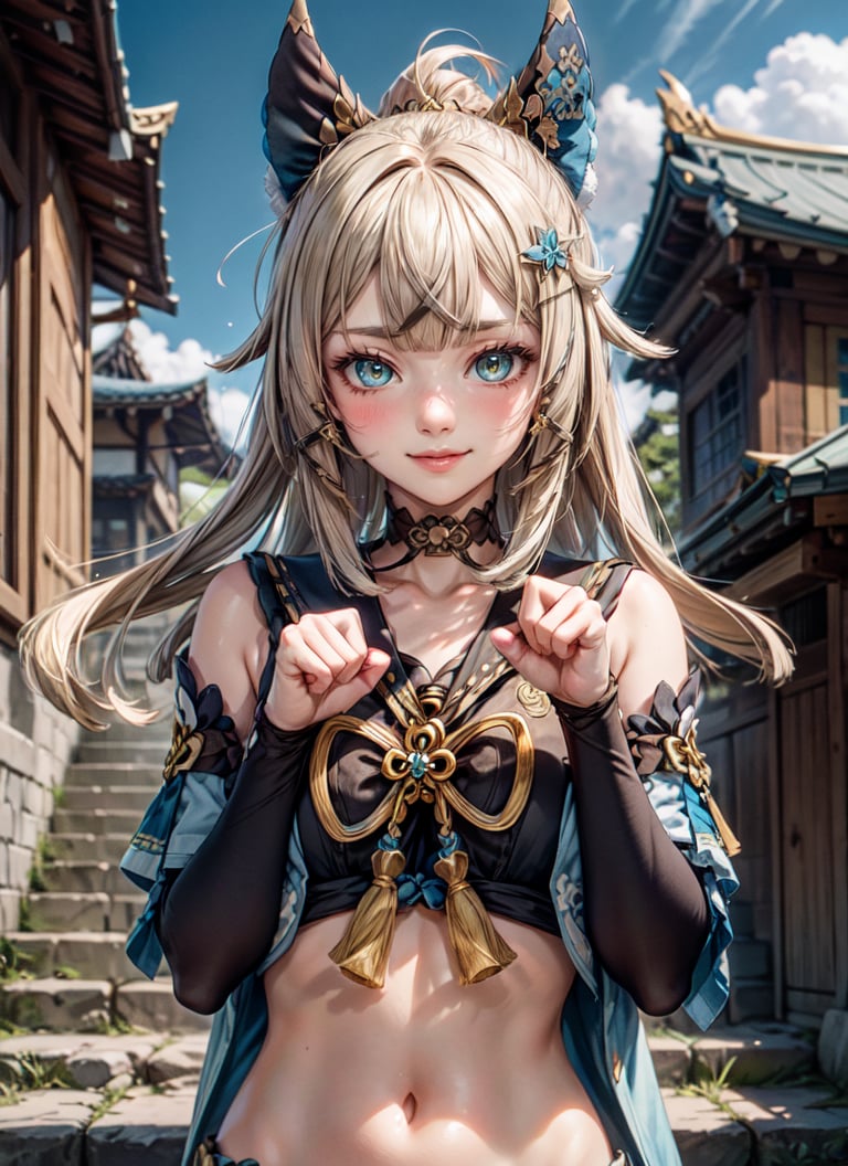 <lyco:kirara1-000005:1.0>, kiraradef, upper body, smile, blush, outdoors, day, simple background, blue sky, sky, temple, looking at viewer, stairs, mountain, moody lighting, facing viewer, claw pose, <lora:add_detail:0.7>