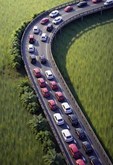 microarchitecture, abstract from above,the image shows a miniature highway with many cars in a field of grass