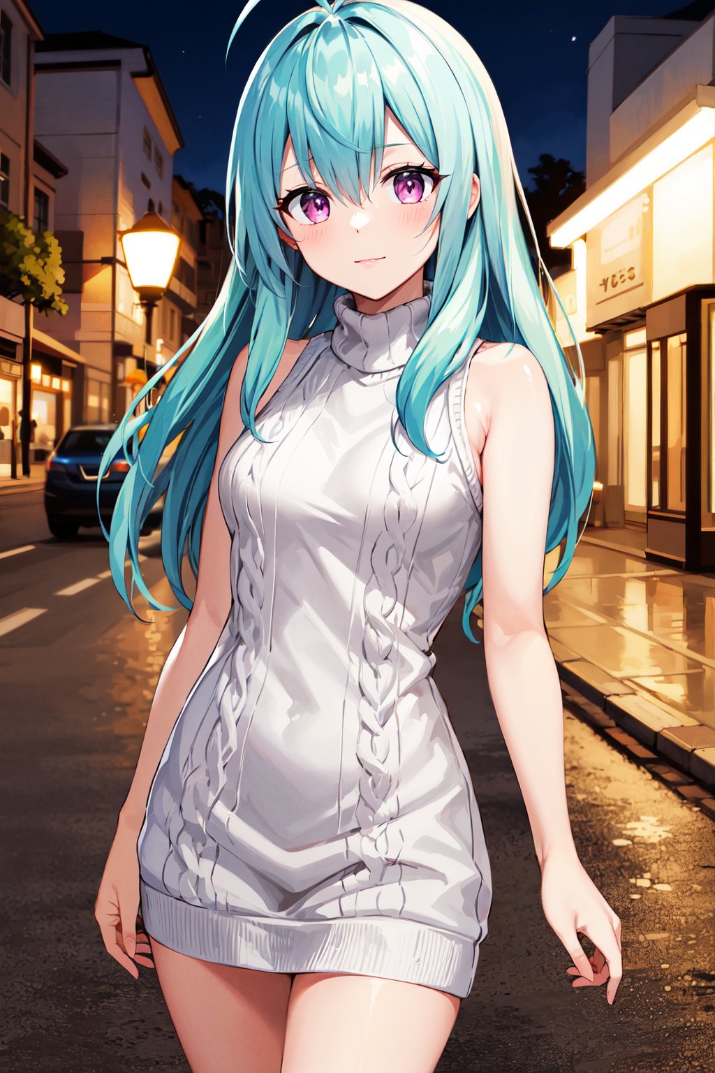 masterpiece, best quality, highres, aarej, solo, long hair, antenna hair, purple eyes, <lora:run_elsie_jewelria_v1:0.7>, standing, cowboy shot, night, street, sweater dress, turtleneck, sleeveless, 