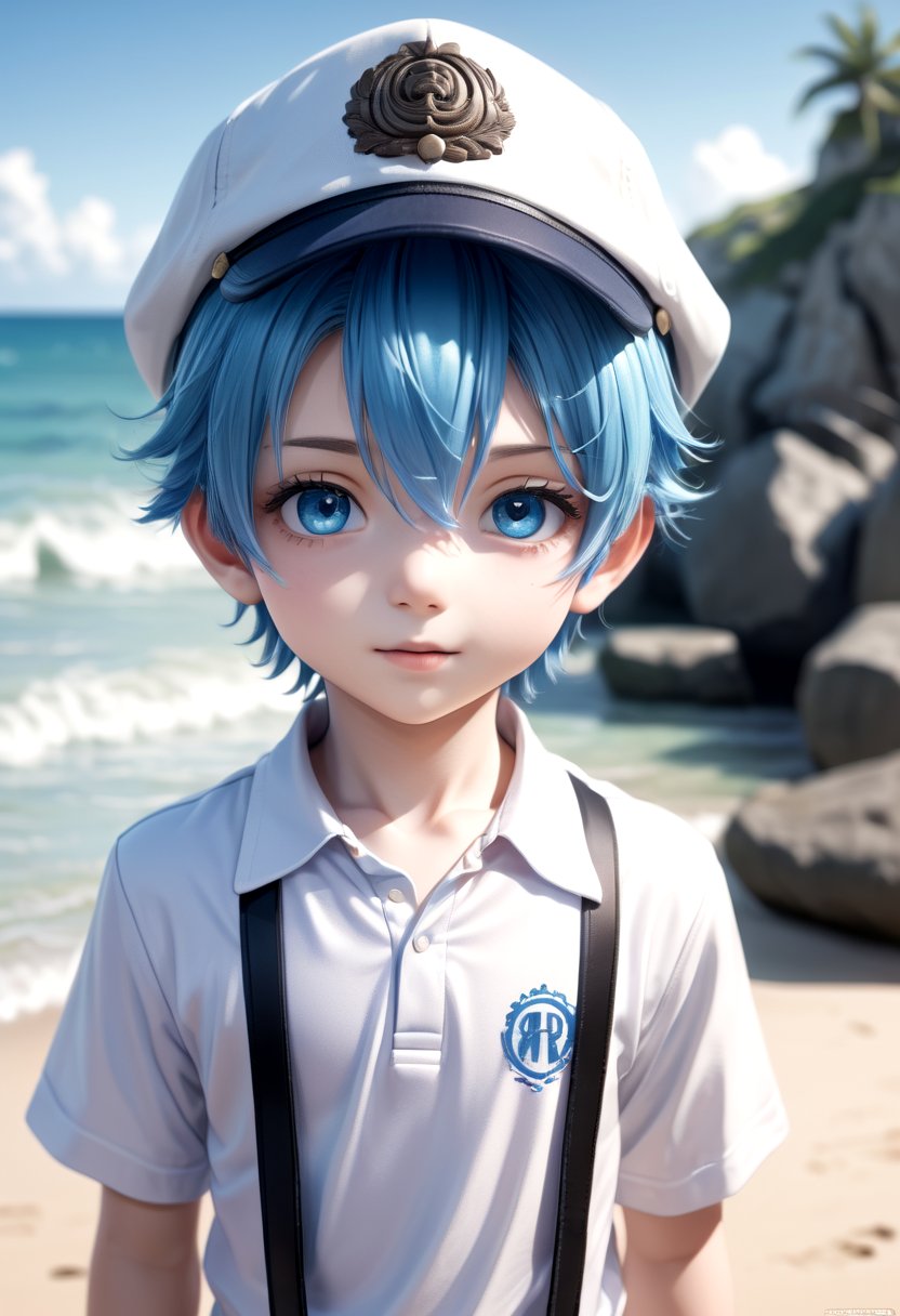 1boy, aoi, blue hair, hat, masterpiece, ultra detail, beach, blue eyes, cute shirt(masterpiece:1.2), best quality, high resolution, unity 8k wallpaper, (illustration:0.8), (beautiful detailed eyes:1.6), extremely detailed face, perfect lighting, extremely detailed CG, (perfect anatomy),