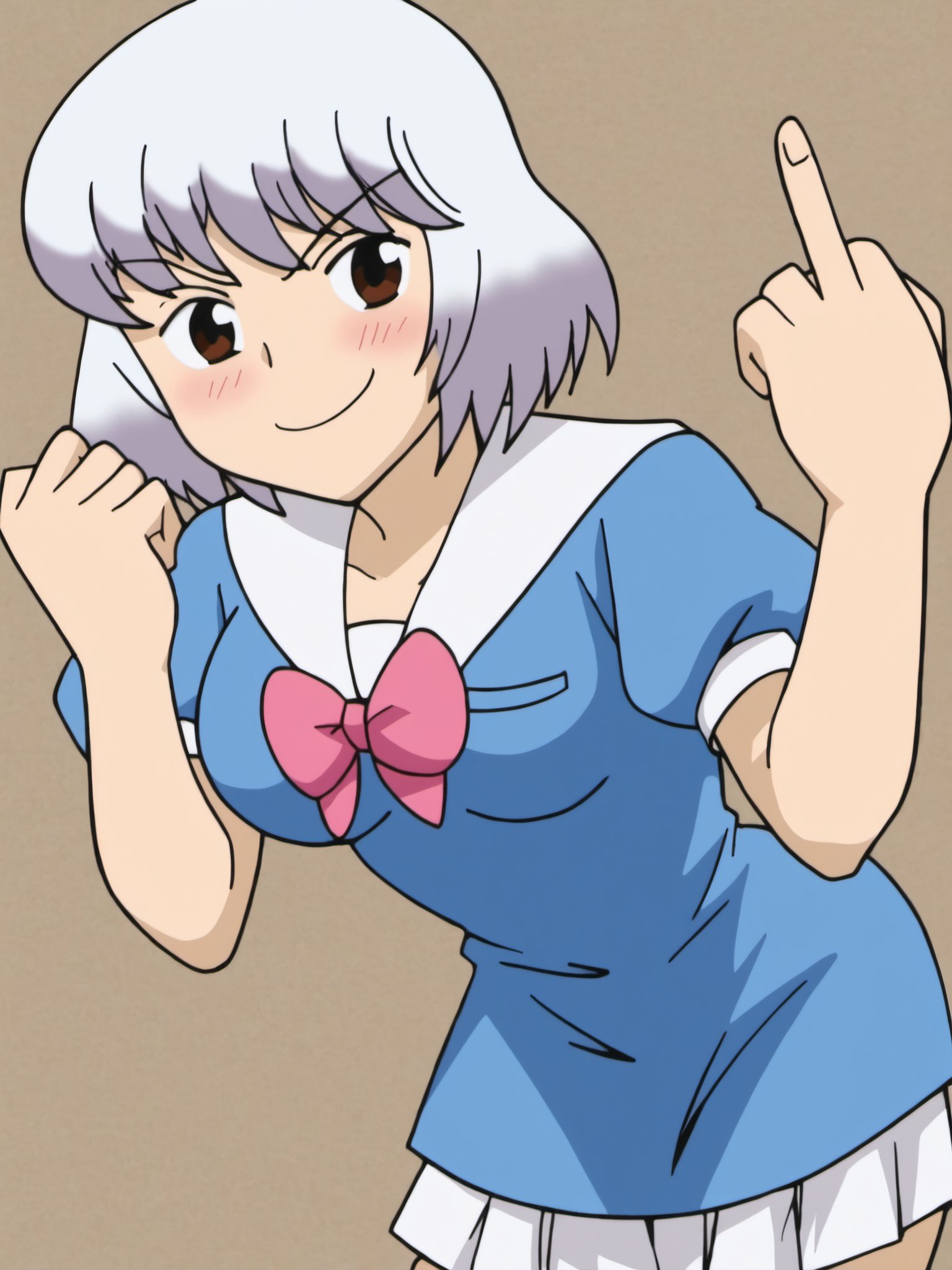 core_9, rating_explicit, source_anime, best quality, masterpiece:1.2, BREAK 1girl, simple background, blush,  <lora:RumiYokoi_PDXLv1a-000007:1> rumiyokoi, white hair, brown eyes, medium breast, (perfect round breasts), fuck you, middle finger, (leaning forward:1.4), looking at viewer, angry smile, looking at viewer,