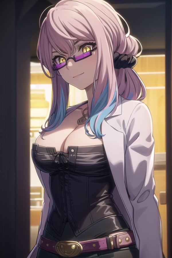 akudamadoctor, <lora:akudama doctor s1-lora-nochekaiser:1>,doctor, long hair, bangs, hair between eyes, (yellow eyes:1.3), pink hair, glasses, makeup, lipstick, multicolored hair, gradient hair, scrunchie, blue hair, smile,BREAK thighhighs, shorts, belt, labcoat, cleavage, jewelry, necklace, nail polish, corset,BREAK outdoors, city,BREAK looking at viewer, (cowboy shot:1.5),BREAK <lyco:GoodHands-beta2:1>, (masterpiece:1.2), best quality, high resolution, unity 8k wallpaper, (illustration:0.8), (beautiful detailed eyes:1.6), extremely detailed face, perfect lighting, extremely detailed CG, (perfect hands, perfect anatomy),