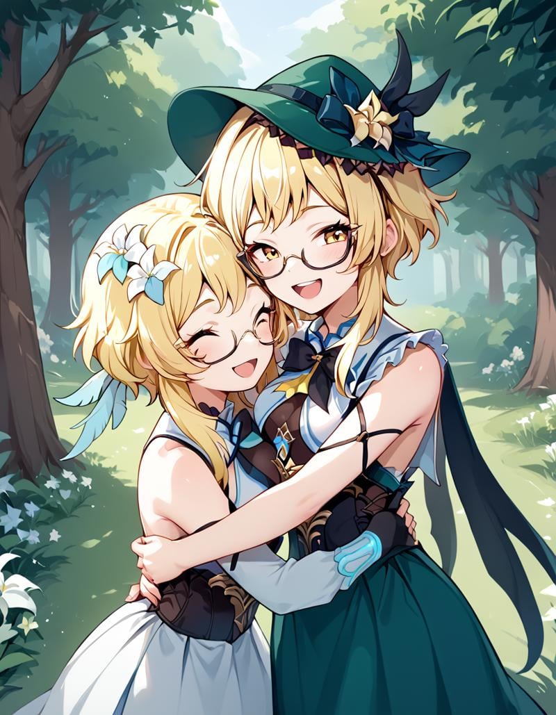 score_9, score_8_up, score_7_up,duo,2girls hugging each other, happy, cute ,laughing,em1lie,lumine,BREAKforest background, flowers, <lora:emilie:0.9>