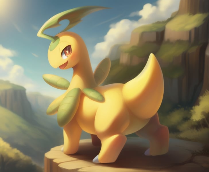 Masterpiece, best quality,bayleef,(yellow body:1.1),small tail,leaf on the head,beautiful landscape,solo, no human, happy,pokemon \(creature\), daytime,beautiful eyes,full body,yellow abdomen,(1 toes:1.2),quadruped,back,There is a circle of leaves around the neck,