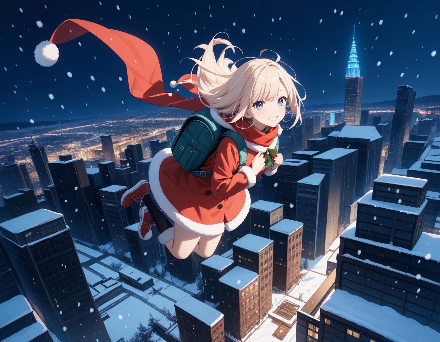 masterpiece,best_quality,BREAK1girl,smile,floating_hair,santa_costume,scarf,backpack,fur-trimmed_coat, jumping,from_above,cityscape,snowing,night,