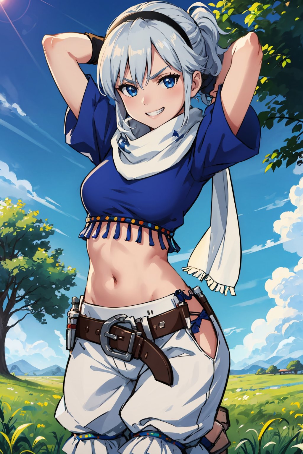 masterpiece, best quality, 1girl,  <lora:adelle-nvwls-v1-000009:0.9> adelle, short ponytail, black hairband, white scarf, blue shirt, midriff, white pants, belt, fingerless gloves, medium breasts, seiza, arms behind head, looking at viewer, grin, furrowed brow, field, blue sky, tree