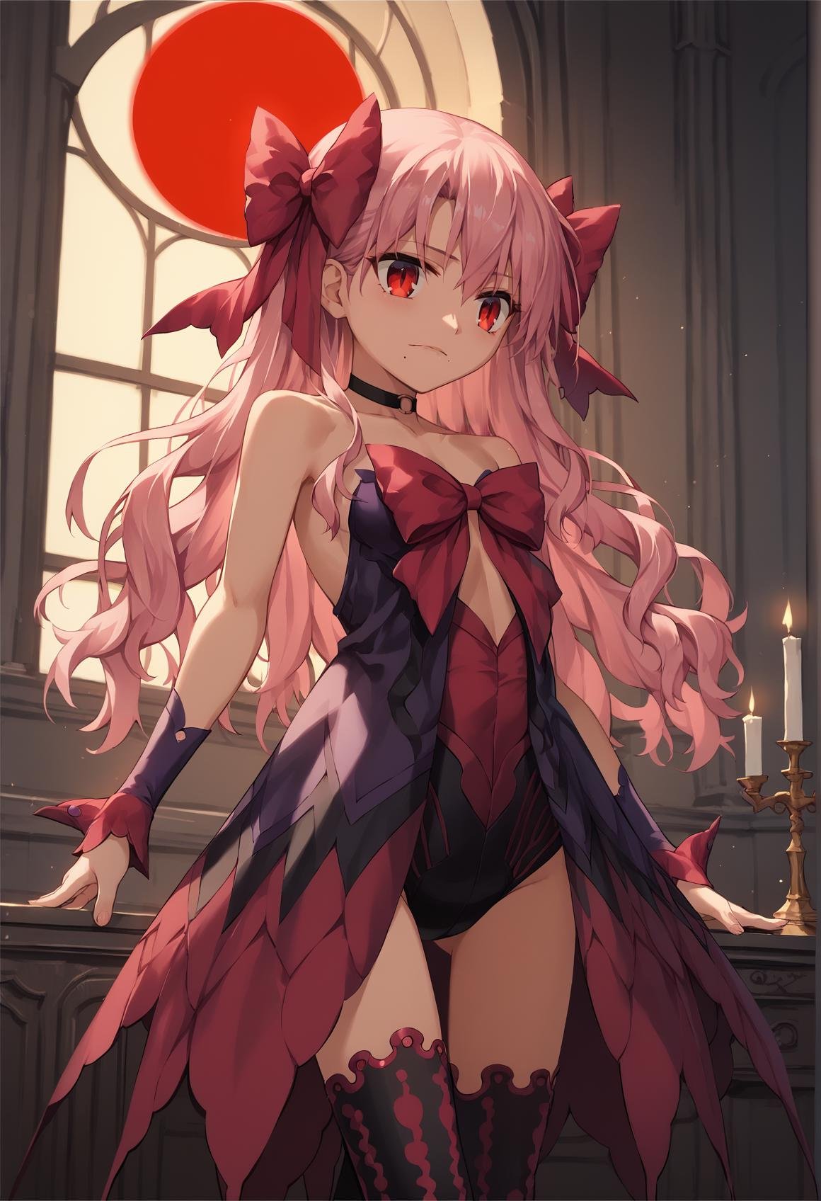 1girl, really long hair, pink hair, red eyes, mole under mouth, hair bow, choker, ribbon, leotard, center opening, bare shoulders, black thighhighs, wrist cuffs, laying, standing, cowboy shot, indoors, gothic, bedroom, castle, window, red moon <lora:Apostle_Noel:0.8> <lora:Hiroshi-Style-PonyXL-000020:1>, score_9, score_8_up, score_7_up, score_6_up, score_5_up, score_4_up, BREAK source_anime, masterpiece