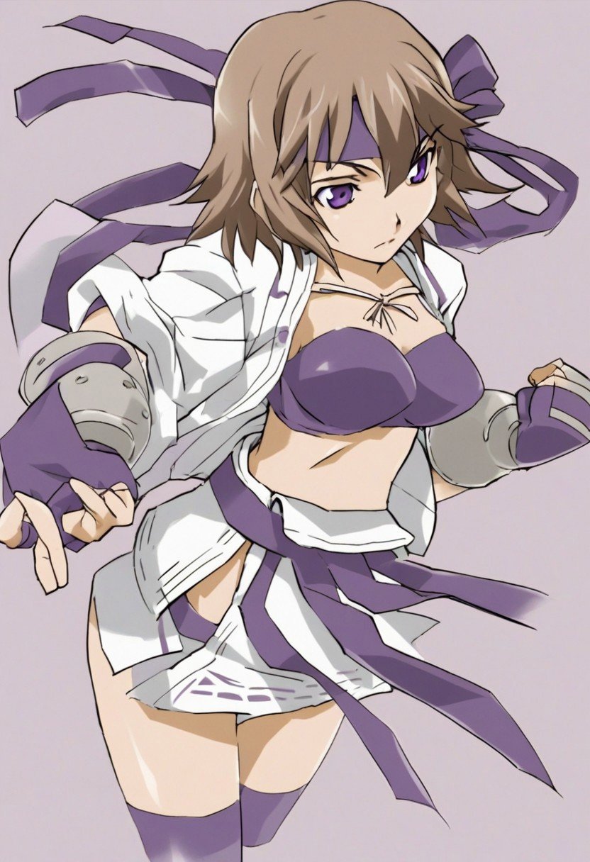 1girl, belt, bra, brown hair, dougi, gloves, fingerless gloves, headband, headwear, pantsu, purple eyes, short hair, tighhighs,