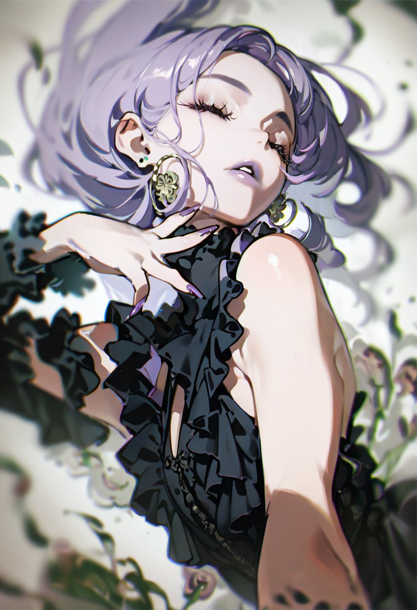 score_9, score_8_up, score_7_up, score_6_up, <lora:yoneyamaiXL_P6_lokr_V53P1:0.95> 1girl, solo, closed eyes, purple hair, parted lips, purple nails, dress, black dress, nail polish, frills, long hair, makeup, earrings