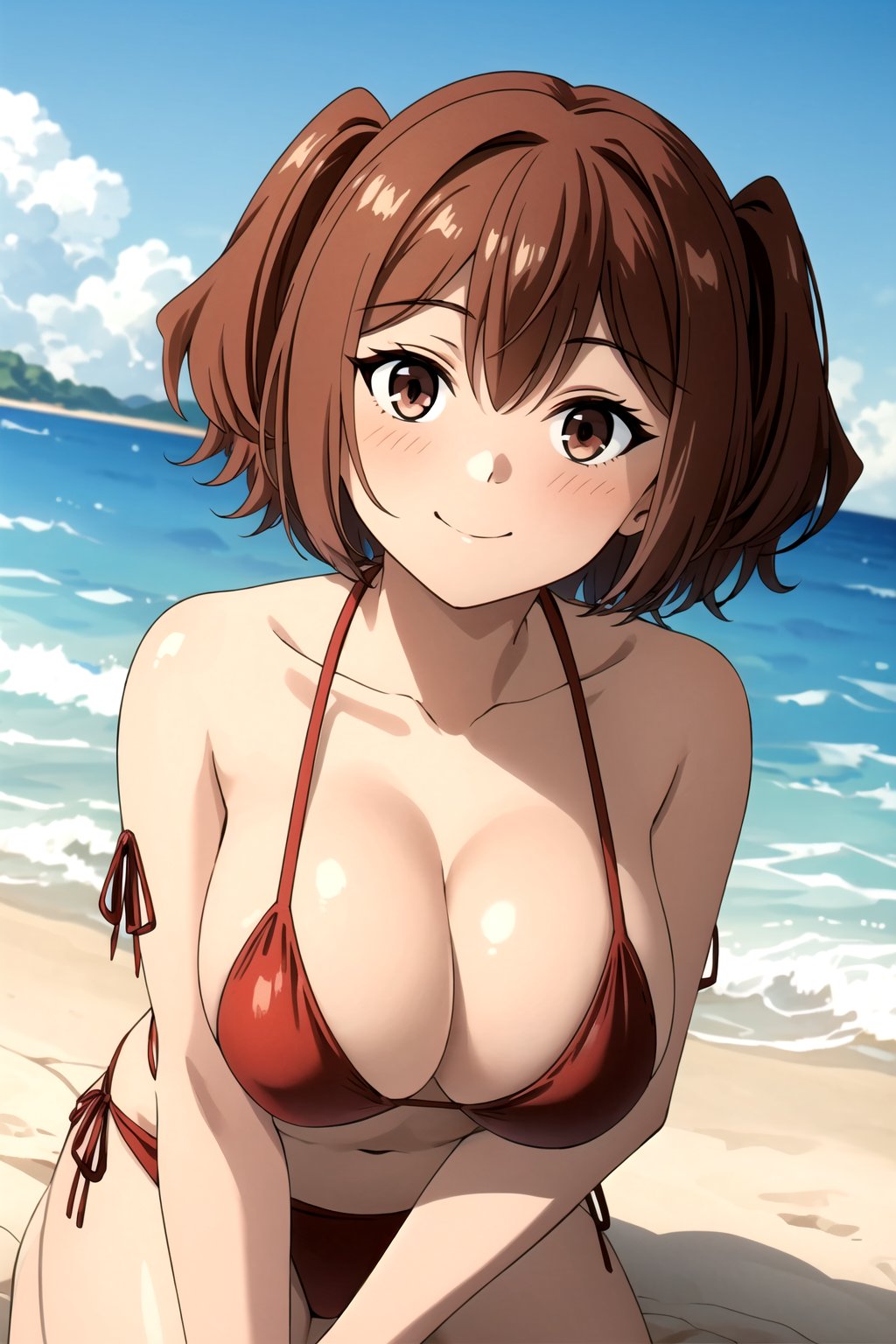 (masterpiece, best quality, highres, dynamic lighting), <lora:add_detail:0.4>, looking at viewer, blush, closed mouth, happy, mature female, large breasts, looking at viewer, outdoors, <lora:kanne:0.7>, two side up, short hair, bikini, ocean, beach