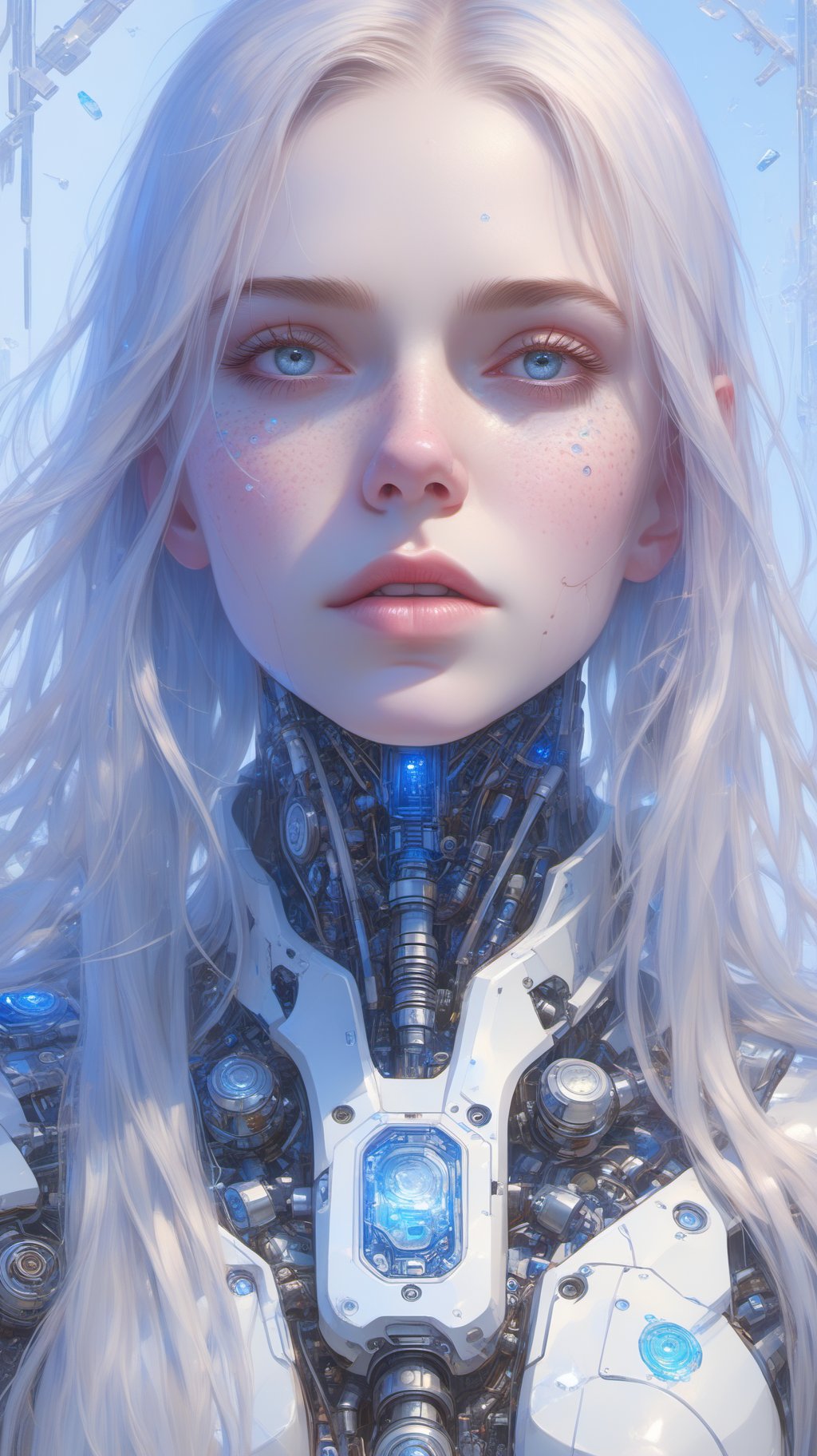 BJ_Cyber_albinism, 1girl, solo, long_hair, blue_eyes, closed_eyes, upper_body, parted_lips, lips, freckles, science_fiction, nose, android, mechanical_parts,photo,8k,intricate,highly detailed,majestic,digital photography,broken glass,(masterpiece, sidelighting, finely detailed beautiful eyes:1.2),hdr,realistic,high definition,. Dreamlike,mysterious,provocative,symbolic,intricate,detailed,<lora:SDXL_Cyber_albinism_V1:0.7>,