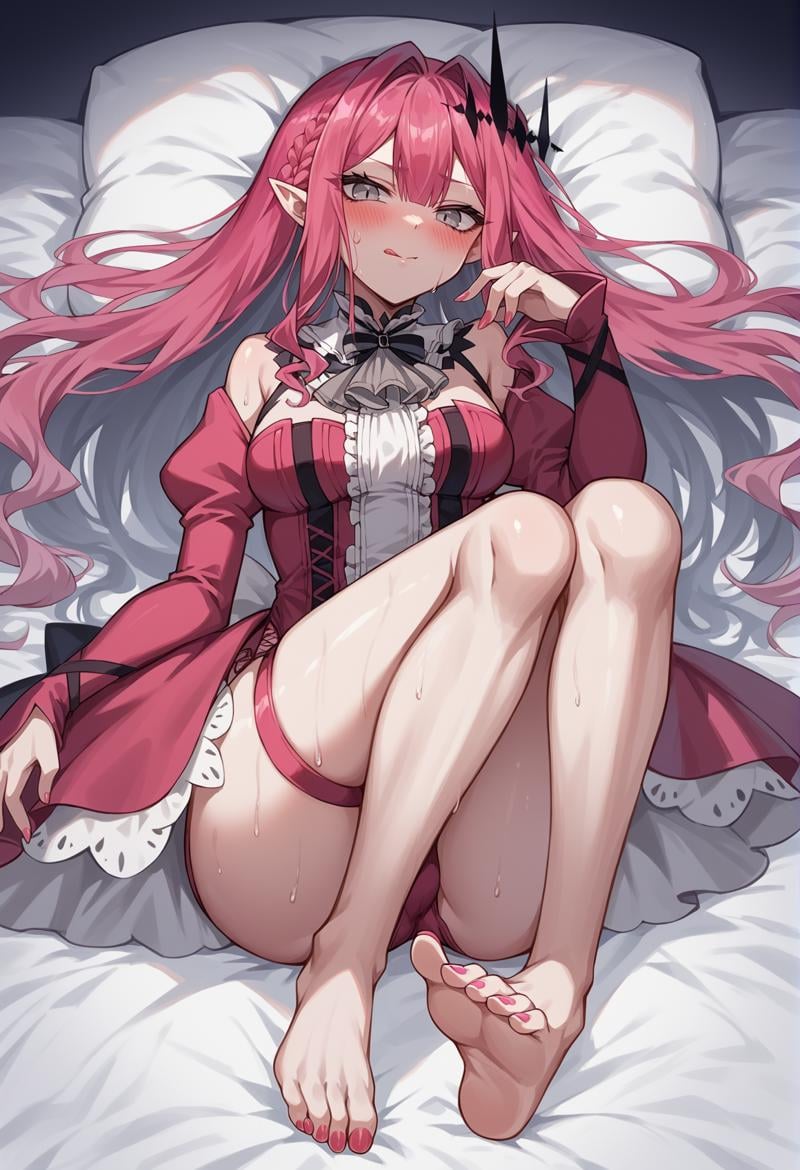 1girl, grey skin, colored skin, pale skin, pointy ears, pink hair, very long hair, grey eyes, multicolored hair, grey hair, colored inner hair, hair ornament, ascot, ribbon, Pink dress, long sleeves, detached sleeves, puffy sleeves, Thigh Strap, barefoot, toenail polish, laying, on back, feet, feet focus, from above, sweat, leg up, tongue out, blushing, licking lips, ass visible through thighs, lingerie, blushing <lora:bob:1>, score_9, score_8_up, score_7_up, score_6_up, score_5_up, score_4_up, BREAK source_anime, masterpiece