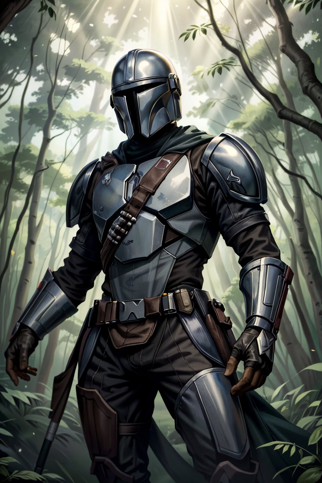 ((ultra detailed, masterpiece, absurdres)) <lora:StarWMandalorian:0.9>StarWMandalorian, 1boy, no face, helmet, gloves, Mystical Forest with Soft Sunlight Filtering Through Leaves