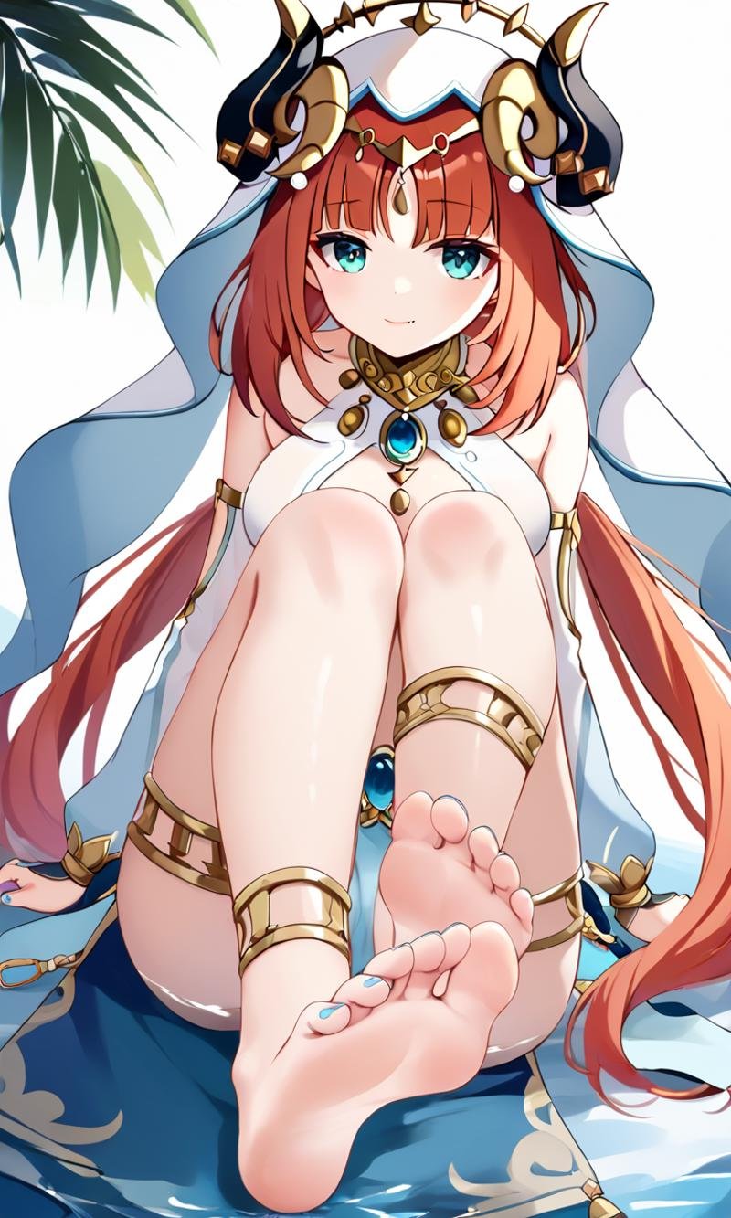 <lora:sdxl-gen-nilou-pony:0.8> gen-nilou, GenshinImpact, 1girl ,aqua eyes, eyeliner, orangered hair, shiny hair, horns, long hair, low twintails, parted bangs, sidelocks, medium breasts, blue nails, circlet, thighlet , neck ring +++ see-through veil, blue gemstone, white headwear, brooch, lightblue harem outfit, puffy long sleeves, bare shoulders, detached sleeves, gold trim, blue skirt, gladiator sandals +++ smile, fang, +++ jump, foot focus (focus sole of foot), looking at viewer, wide shot from above sitting, cinematic lighting, River of the Dead