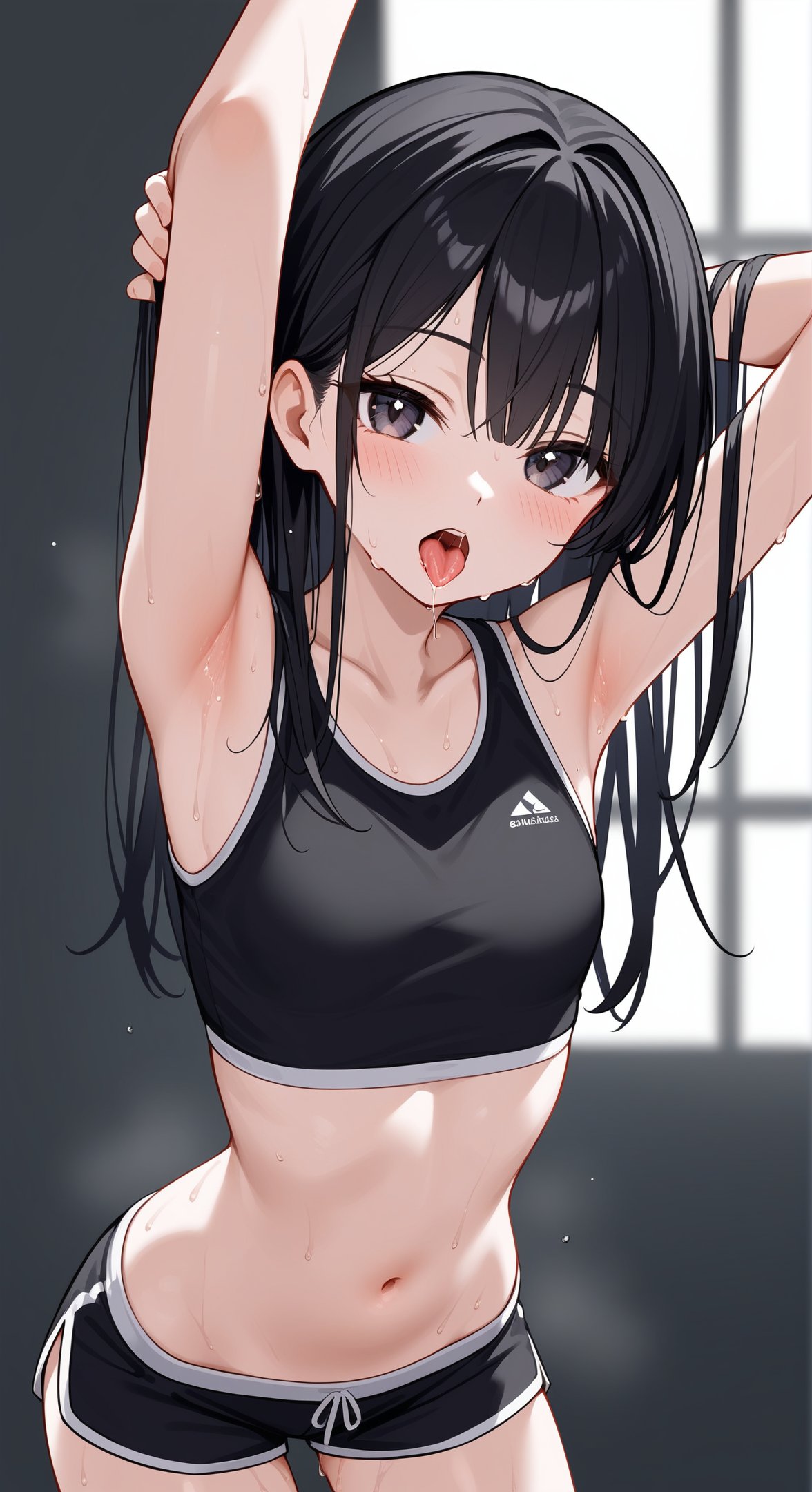 1girl,armpits,solo,tongue,black hair,breasts,tongue out,looking at viewer,arms up,long hair,navel,midriff,open mouth,sweat,shorts,small breasts,black shorts,bangs,crop top,collarbone,sleeveless,arms behind head,bare shoulders,bare arms,saliva,shirt,short shorts,black shirt,leaning forward,stomach,blush,arched back,upper body,cowboy shot,blurry,