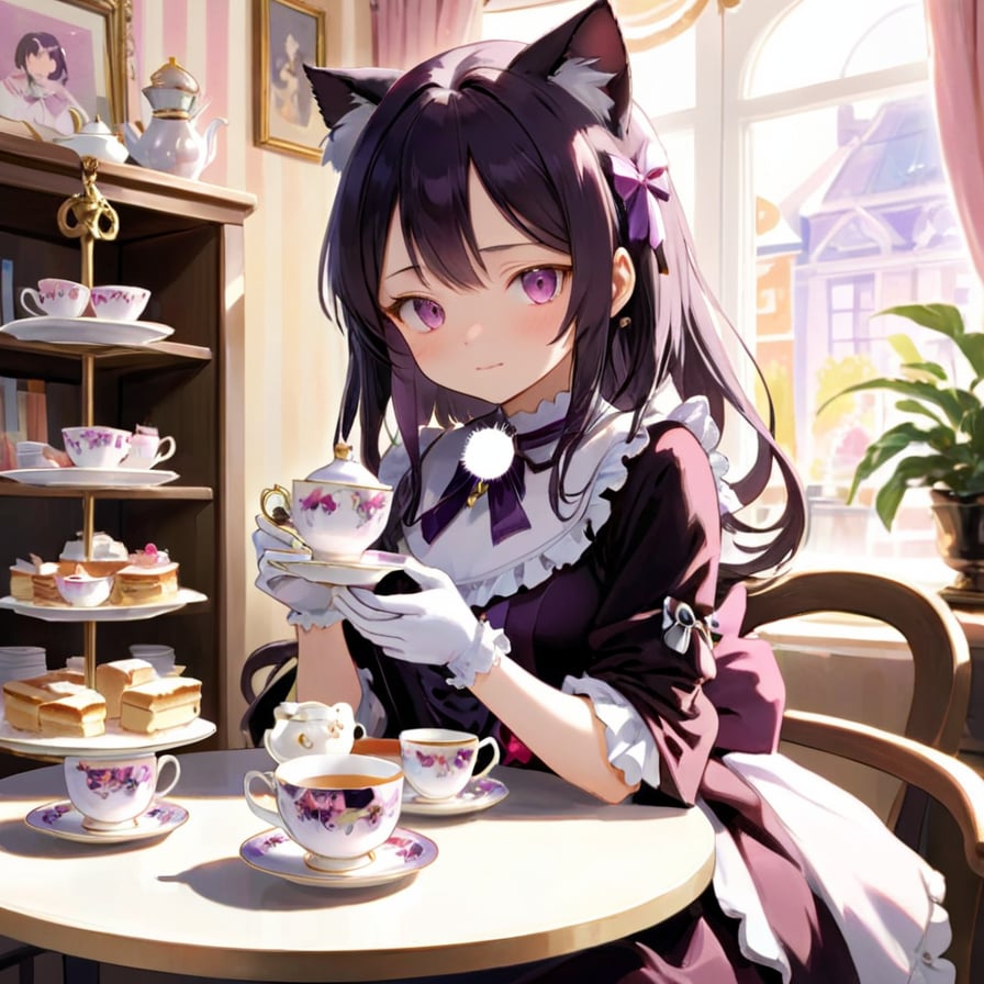 Illustration of Homura Akemi from Madoka Magica enjoying a delightful afternoon tea at a charming café. Dressed in her iconic magical girl outfit, Homura gracefully holds a porcelain teacup, delicately sipping the steaming aromatic tea. The table is adorned with a lovely floral tea set, featuring elegant teapots and dainty teacups, as well as an array of delectable pastries and finger sandwiches. Sunlight filters through the window, casting a warm glow on the scene, while a plush cat rests lazily on a nearby cushion. In the background, amidst shelves lined with books and vintage teacups, an elegant chandelier lends a touch of timeless charm to the cozy ambiance.