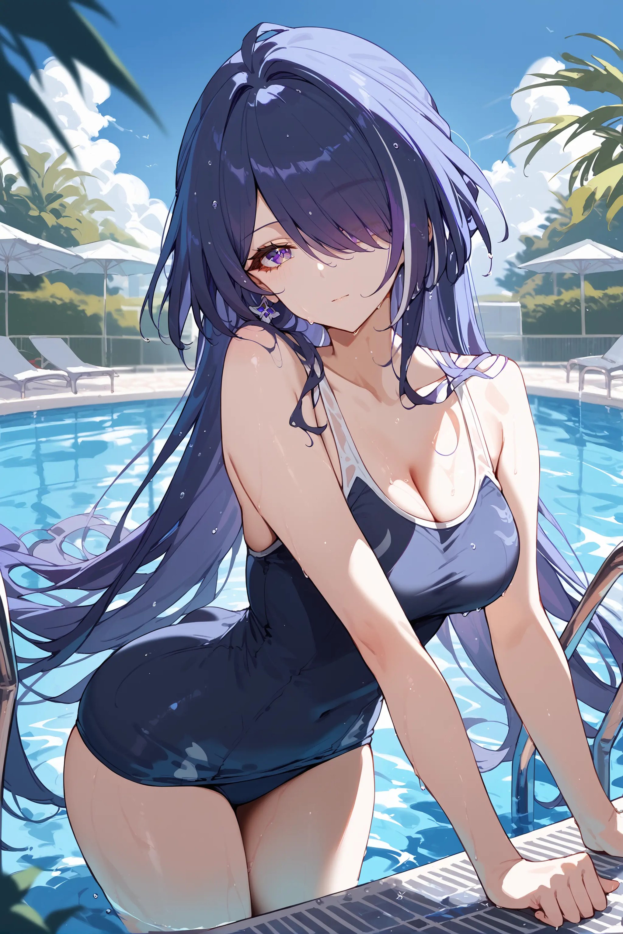 score_9, score_8_up, score_7_up, 1girl, acheron \(honkai: star rail\), school swimsuit, bare shoulders, poolside, pool, wet, cowboy shot, outdoors, looking at viewer,  blue sky, sunbeam, depth of field <lora:Char-HonkaiSR-Acheron-Pony-V1:0.9>