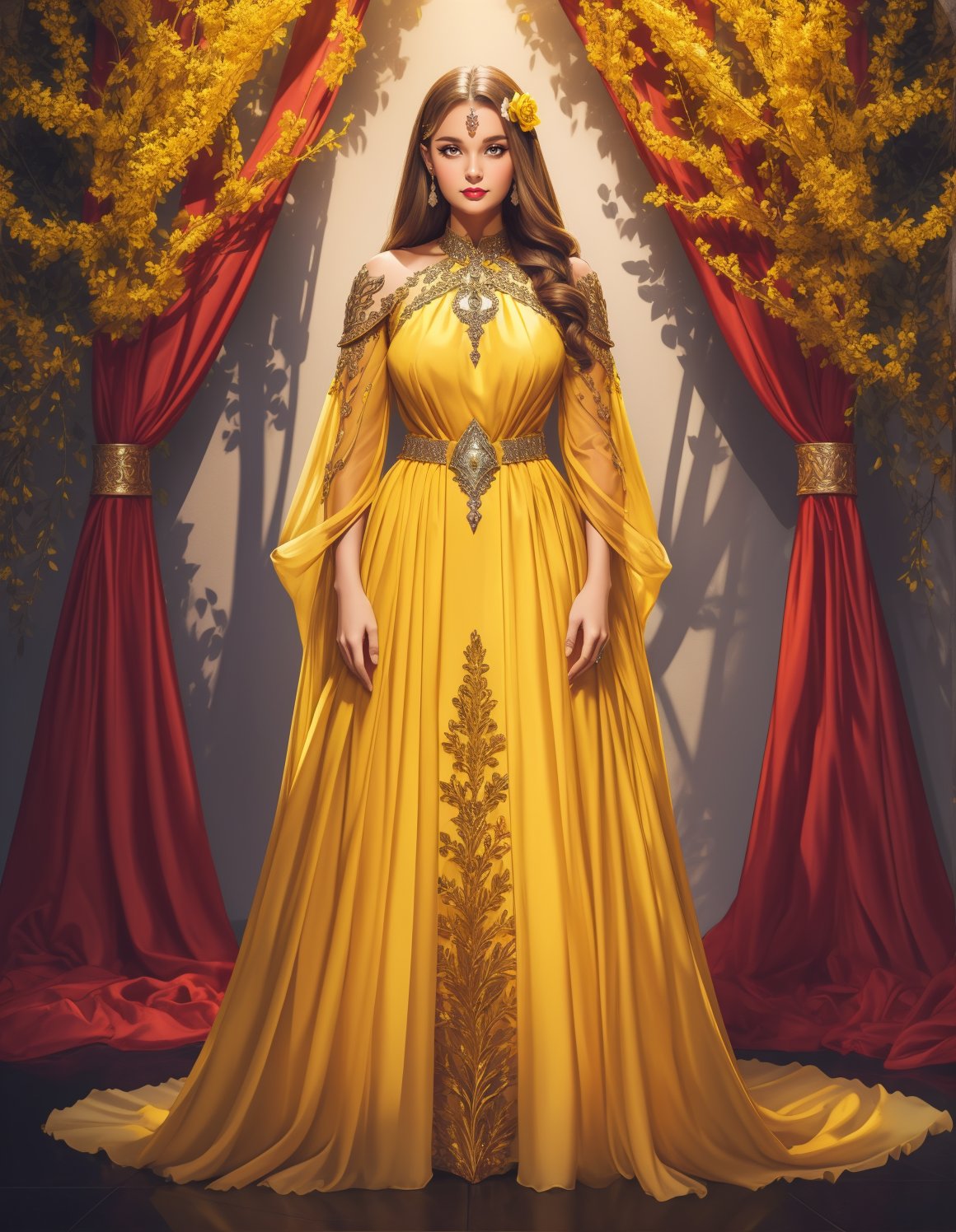 (full body photo:1.3), adult woman, HHUD, <lora:HUD3:0.8>,  standing, wearing HUD_spr_armr, hair flower, long (yellow diamond chiffon dress), long sleeves, jewelry, intricate engraved metal neckpiece, shoulder piece, ruby jeweled belt, breastplate, laser cut sleeves, <lora:HUD_spr_armr-07:0.3>, (long hair:1.1), 4k, setting with trees and a lake