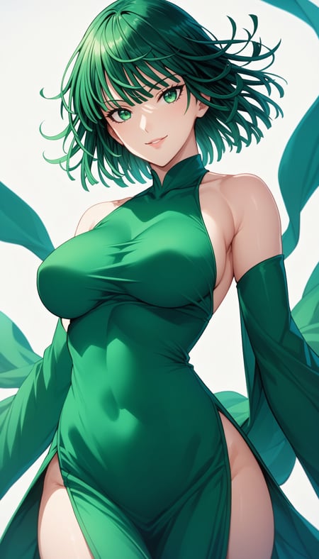 score_9, score_8_up, score_7_up, intricate details,1girl, fubuki, one-punch man, green hair, green eyes, dress, bare shoulders, detached sleeves, large breasts, side slit, pelvic curtain, smile, looking at viewer,