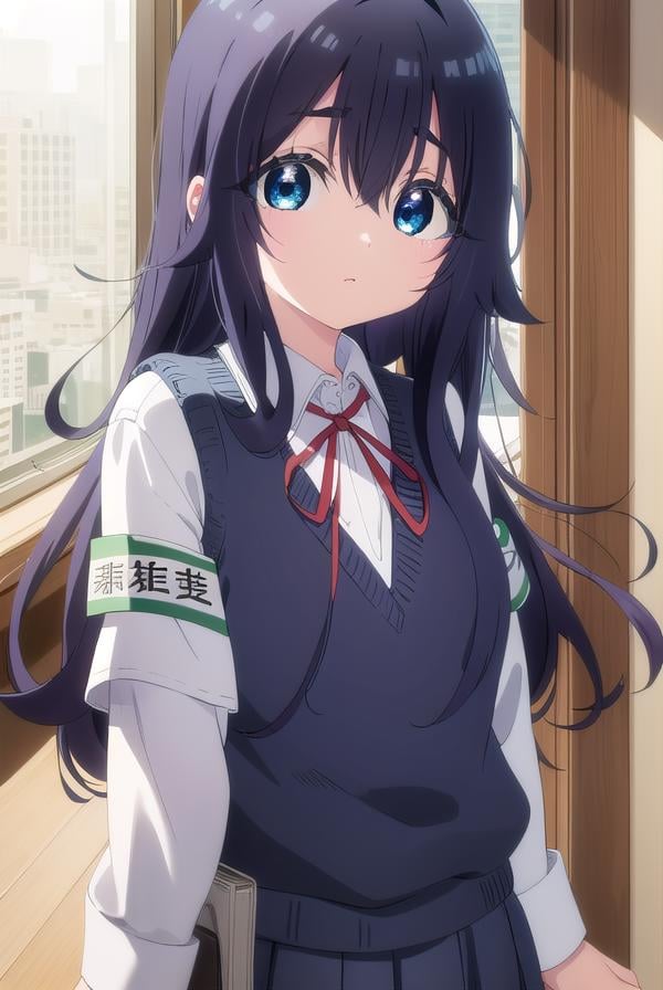 shizukayoshimoto, <lora:shizuka yoshimoto s1-lora-nochekaiser:1>,shizuka yoshimoto, long hair, bangs, blue eyes, black hair, hair between eyes, wavy hair,BREAK skirt, shirt, ribbon, school uniform, white shirt, pleated skirt, red ribbon, neck ribbon, armband, sweater vest,BREAK indoors, classroom,BREAK looking at viewer, (cowboy shot:1.5),BREAK <lyco:GoodHands-beta2:1>, (masterpiece:1.2), best quality, high resolution, unity 8k wallpaper, (illustration:0.8), (beautiful detailed eyes:1.6), extremely detailed face, perfect lighting, extremely detailed CG, (perfect hands, perfect anatomy),