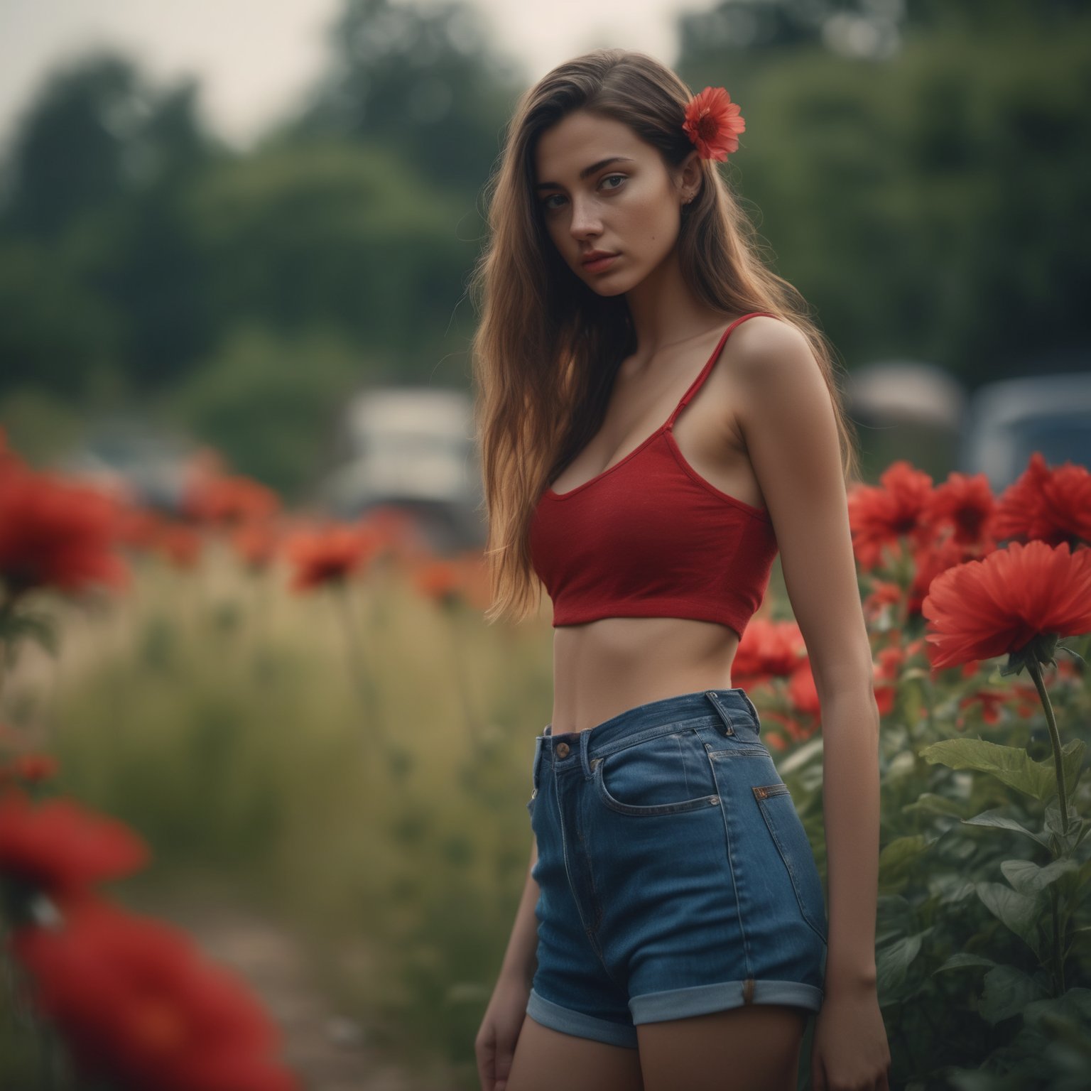 close hallf body eyes shoot cinematic film still (Raw Photo:1.3) of (Ultrarealistic:1.3) 1girl, blurry, blurry_background, crop_top, denim, denim_shorts, flower, hair_flower, hair_ornament, lips, long_hair, looking_at_viewer, midriff, navel, photorealistic, realistic, red_flower, short_shorts, shorts, solo,,Highly Detailed . shallow depth of field, vignette, highly detailed, high budget, bokeh, cinemascope, moody, epic, gorgeous, film grain,