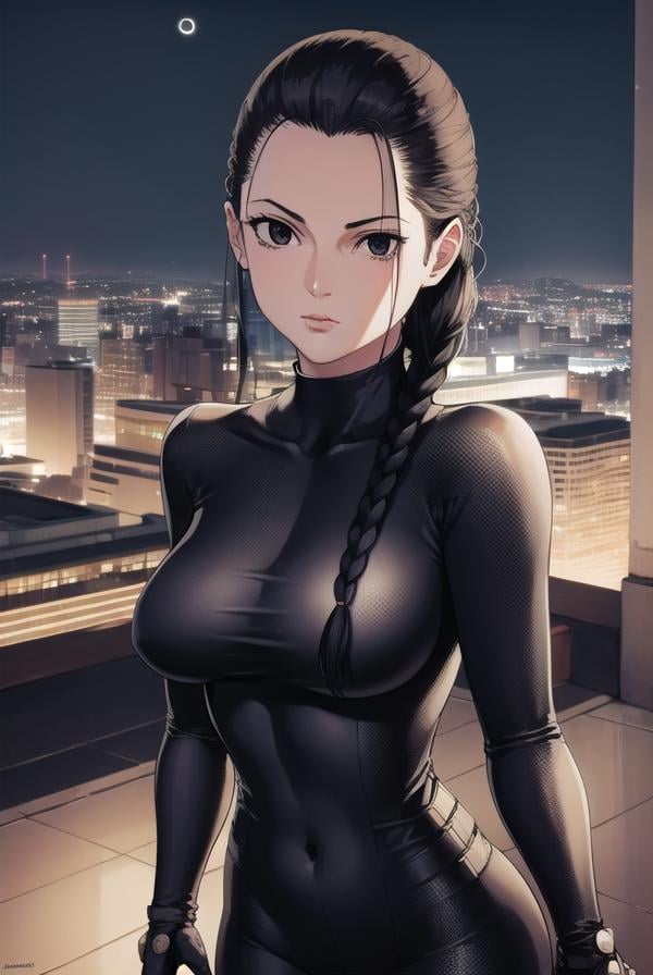 seisakuraoka, <lora:sei sakuraoka manga-lora-nochekaiser:1>,sei sakuraoka, braid, black hair, (black eyes:1.5), single braid,BREAK bodysuit, black bodysuitBREAK outdoors, city, night, sky, starry sky, moon,BREAK looking at viewer, (cowboy shot:1.5),BREAK <lyco:GoodHands-beta2:1>, (masterpiece:1.2), best quality, high resolution, unity 8k wallpaper, (illustration:0.8), (beautiful detailed eyes:1.6), extremely detailed face, perfect lighting, extremely detailed CG, (perfect hands, perfect anatomy),