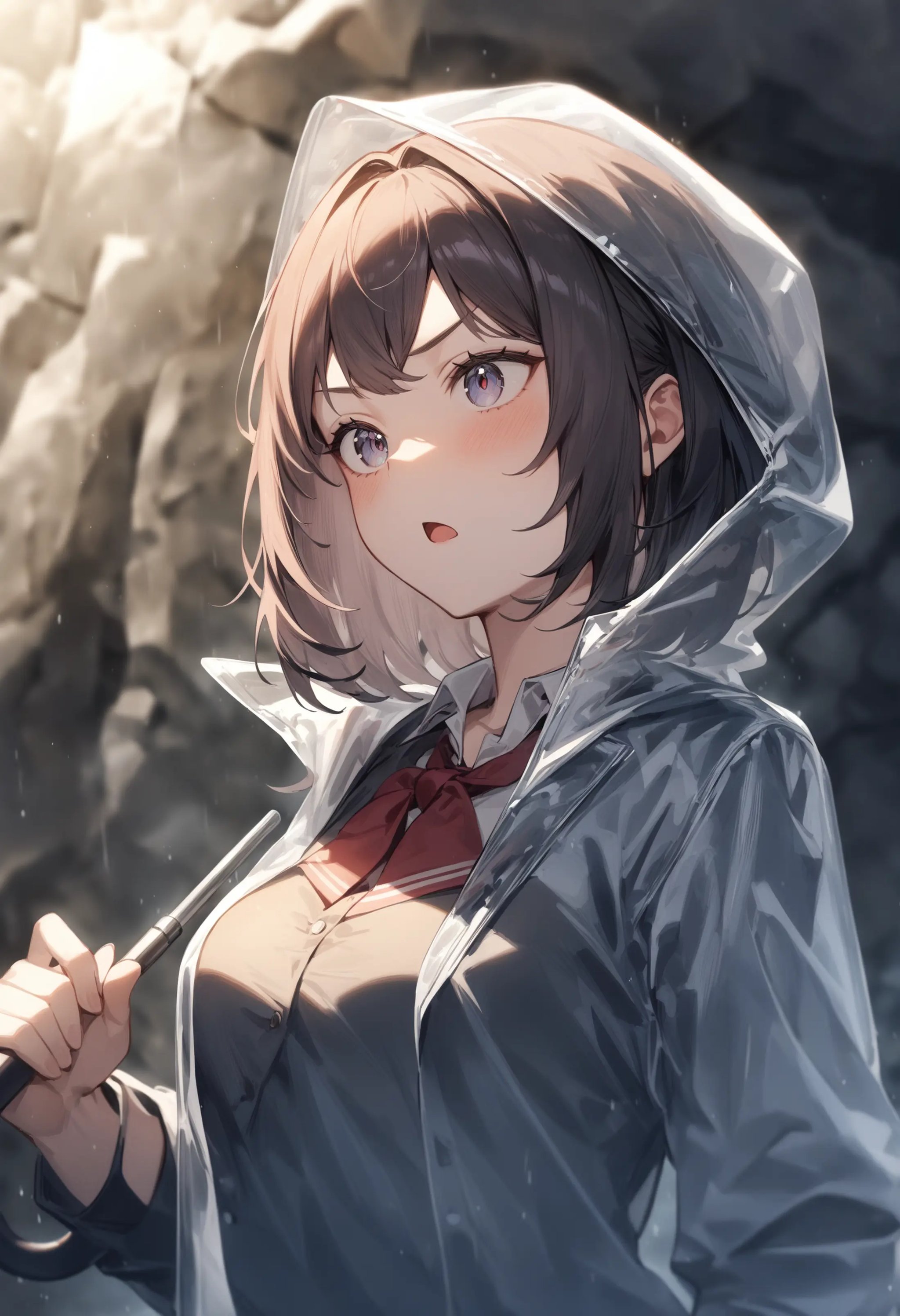 1girl, <lora:sdxl2-flat2-512b:-1>,medium breasts,school uniform,transparent raincoat,<lora:transparentraincoat_XL_v1:0.7>ceiling, portrait, looking away, determined, cave, open mouth,masterpiece, best quality, very aesthetic, absurdres