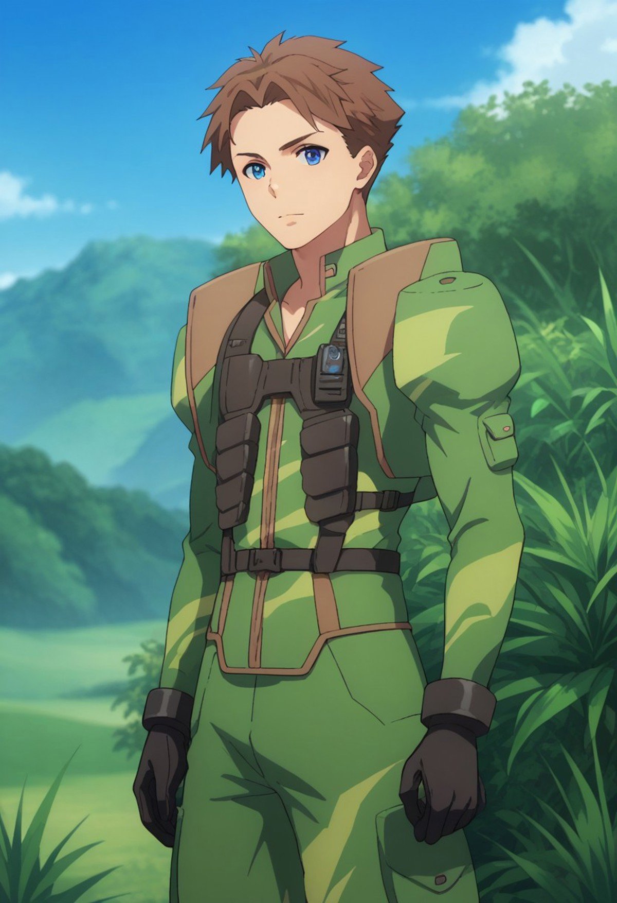 score_9, score_8_up, score_7_up, source_anime, highly detailed, heivia, 1boy, male focus, solo, brown hair, short hair, blue eyes, uniform, military, military uniform, standing, looking at viewer, green uniform,outdoor, sky, 