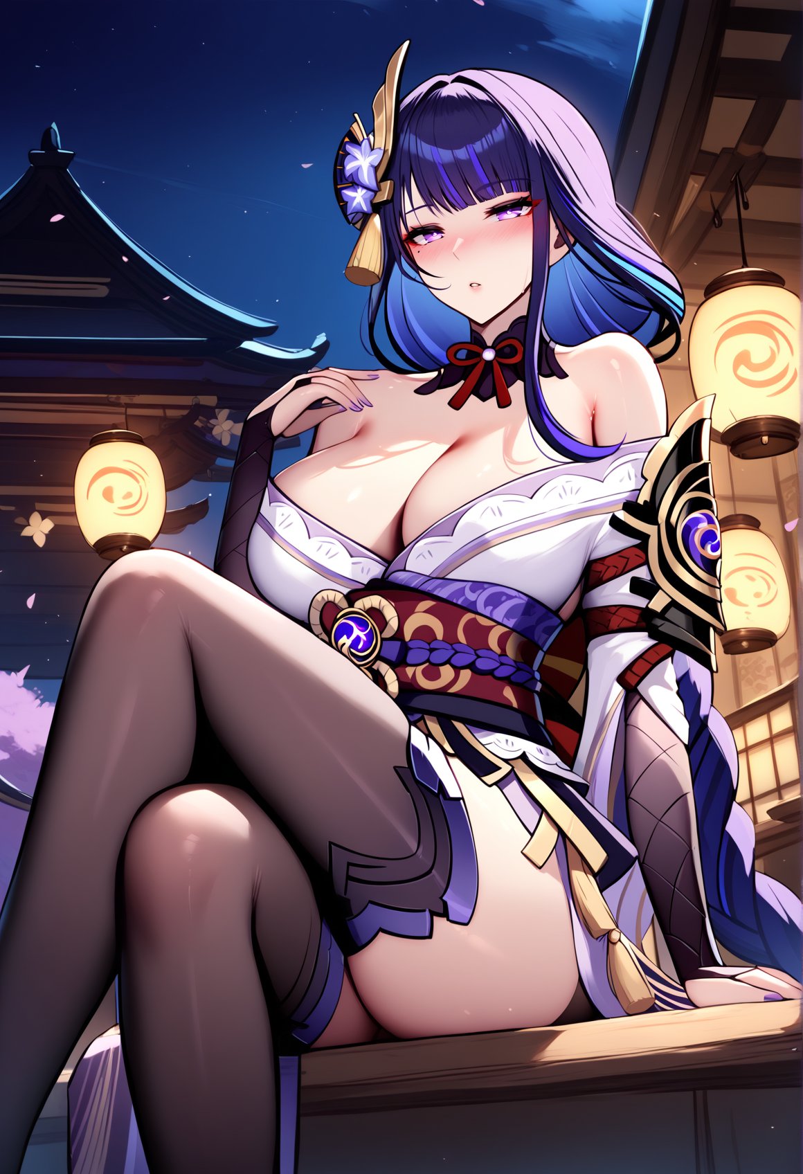 score_9, score_8_up, score_7_up, score_6_up,  <lora:VEY 0.1v:1>,1girl, raiden shogun (genshin impact), thighhighs, solo, braid, sitting, dress, breasts, purple hair, purple eyes, lantern, crossed legs, long hair, night, sky, paper lantern, bare shoulders, japanese clothes,  night sky, hair ornament, parted lips, feet out of frame, large breasts, blush, hand up, east asian architecture, looking up, architecture,black thighhighs, 