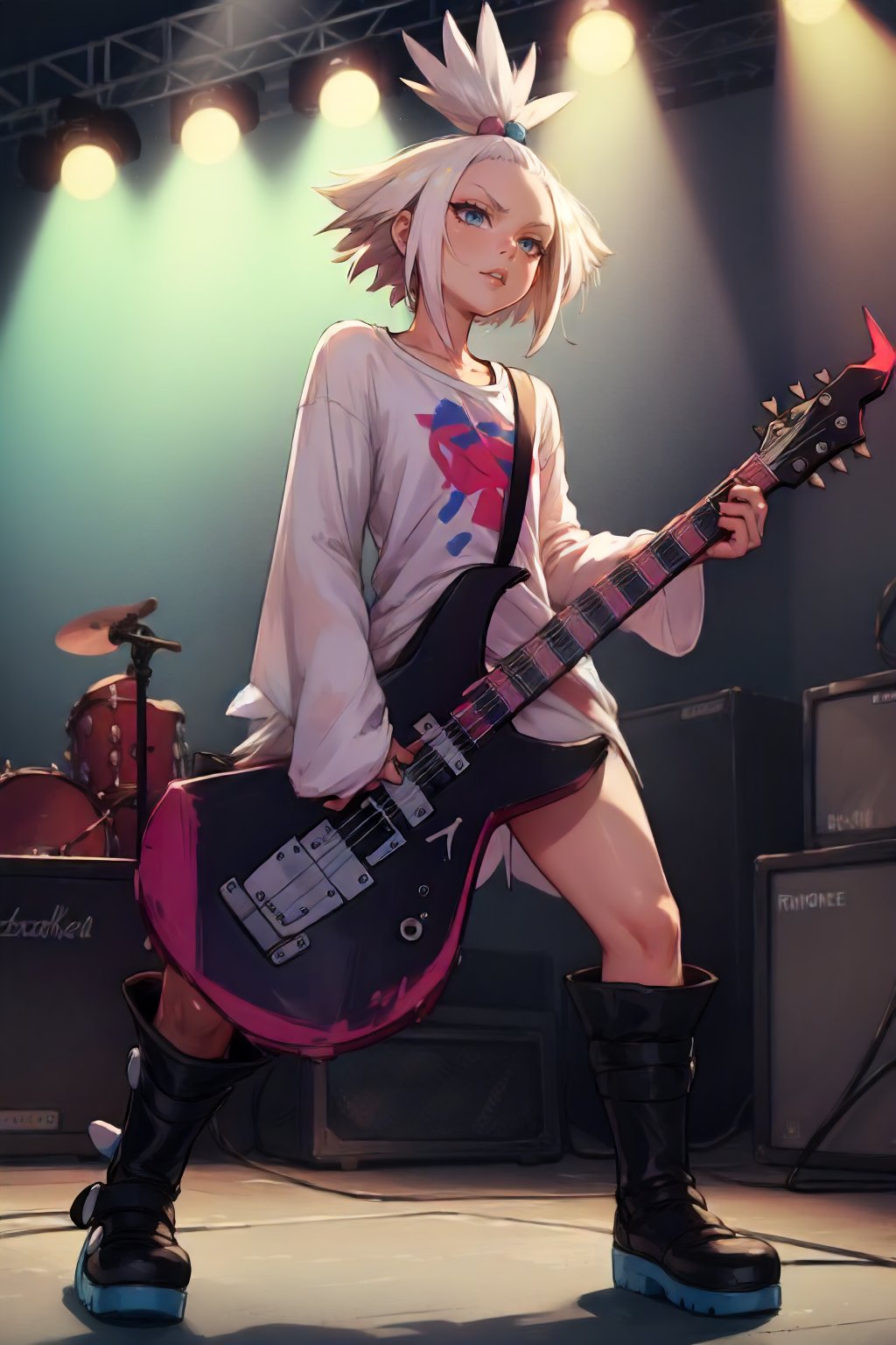 <lora:PKMN_Roxie-DEF:0.7> roxie (pokemon), top knot, oversized shirt, boots, stage, guitar