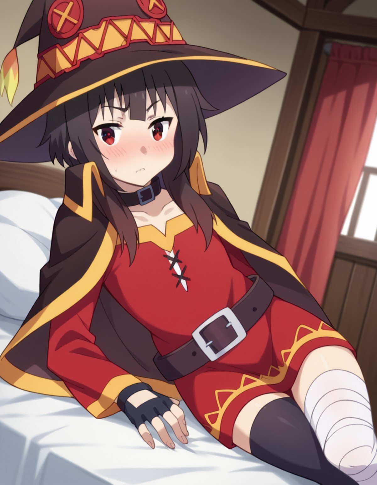 score_9, score_8_up, score_7_up, source_anime,konosubamegumin, <lora:konosuba-megumin-s2-ponyxl-lora-nochekaiser:1>,megumin, short hair, black hair, red eyes, short hair with long locks,thighhighs, gloves, hat, dress, black gloves, belt, black thighhighs, fingerless gloves, cape, collar, witch hat, bandages, red dress, single thighhigh, asymmetrical legwear, bandaged leg,indoors, bed, bed room, on side, blush, drunk,looking at viewer, dutch angle, cowboy shot,