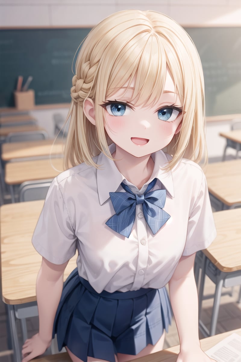 insanely detailed, absurdres, ultra-highres, ultra-detailed, best quality,1girl, solo, nice hands, perfect handsBREAKsummer school uniform, (plain dark blue skirt with many pleats:1.4), (striped indigo blue bowtie:1.3), short sleeves, white shirt, shirt with white buttonBREAK(nsfw:-1.5)BREAKhappy smile, laugh, open mouthBREAKfrom above,standing, cowboy shot, looking at viewerBREAKslender, kawaii, perfect symmetrical face, ultra cute girl, ultra cute face, ultra detailed eyes, ultra detailed hair, ultra cute, ultra beautifulBREAKin classroom, school desk, school chair, chalkboard, depth of field, ultra detailed backgroundBREAKmedium breastsBREAKblonde hair, blue eyes, crown braid