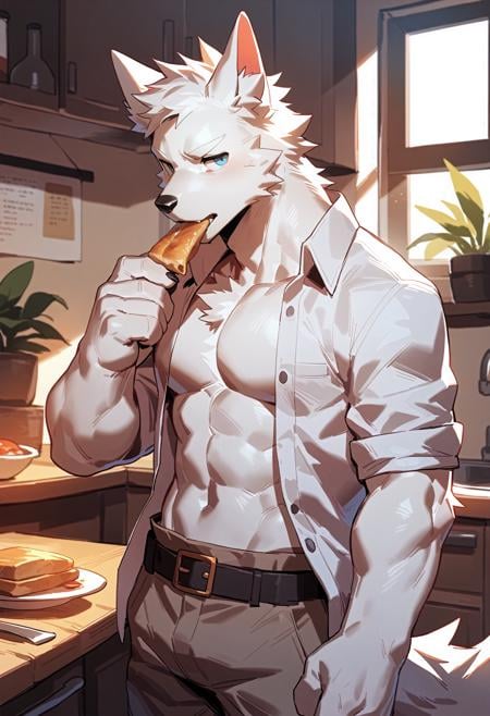 canid, canids, wolf, by zixiong, by milkytiger1145, by lindong, inside, kitchen, window, sunlight, plants, solo, solo focus, male, male focus, (white fur, white body, white eyebrows),clothed, open topwear, open shirt, white shirt, belt, pants, blue eyes, humanoid hand, food, eating,