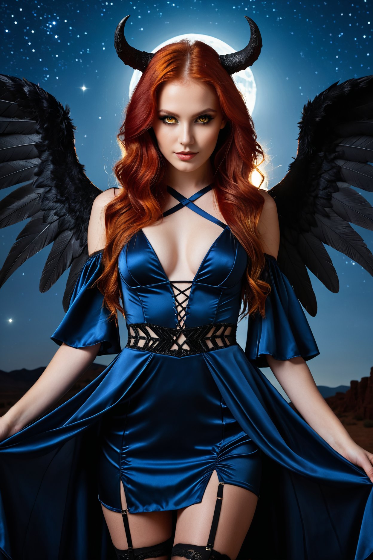 1 young woman, 18yo, (small black devil horns), (large black angel wings), black wings, decent makeup, ((young looking face)), perfect eyes, decent eyes shadow, perfect body, slim body, small breasts, cleavage, underboob, slightly glowing eyes, (yellow eyes), long fiery red hair, (((extreme red hair))), shiny hair, ((dark blue silk dress)), (center opening dress, cross-laced slit, cross-laced clothes), background night sky with stars, cowboy shot, demonic smile, thighhighs, elbow gloves, detached sleeves, center opening, realistic, photorealistic,(masterpiece:1.2), (best quality:1.2), ultra-detailed, best shadow, detailed background, high contrast, (best illumination, an extremely delicate and beautiful), ((cinematic light)), 8k, very aesthetic,