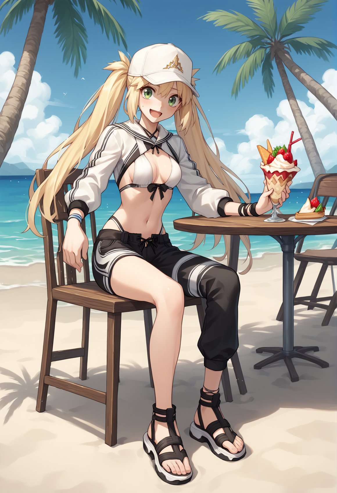 1girl, blonde hair, long hair, green eyes, twintails, swimsuit, white bikini, baseball cap, cropped jacket, shrug \(clothing\), long sleeves, wristband, asymmetrical clothes, black pants, single pantsleg, navel, sandals, solo sitting, outdoors, full body, beach, table, palm tree, chair, parfait, looking at viewer, nervous smile, open mouth <lora:Castoria:0.8>, score_9, score_8_up, score_7_up, score_6_up, score_5_up, score_4_up, BREAK source_anime, masterpiece