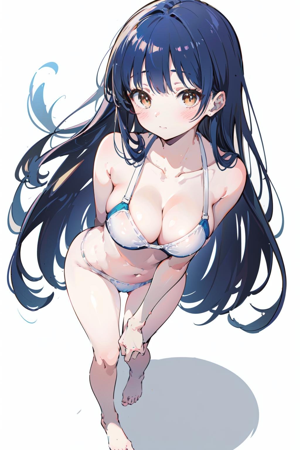 (masterpiece:1.2),best quality,PIXIV,Anna yamada,1girl,swimsuit,solo,breasts,show cleavage,underwear only,white background,long hair,simple background,brown eyes,blush,looking at viewer,medium breasts,full body,bangs,blue hair,blunt bangs,standing,closed mouth,bare shoulders,<lora:Anna yamada-000016:0.8>,