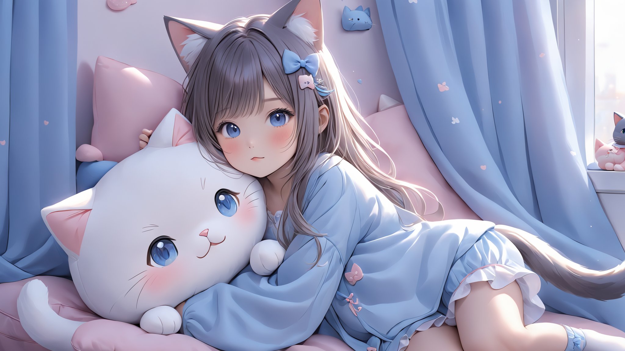 1girl, animal ears, bloomers, blue eyes, blush, cat ears, cat girl, cat tail, curtains, hair ornament, long hair, pillow, sleeves past wrists, stuffed animal, stuffed cat, stuffed toy, tail, underwear