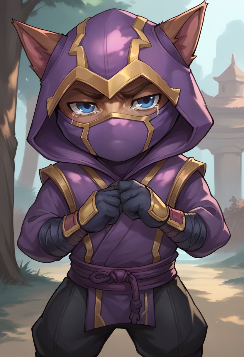 score_9, score_8_up, score_7_up, score_6_up, 1boy, solo, k3nn3n, hood, mask, yordle, solo, 1boy, male focus, hood up, blue eyes, pants, gloves, outdoors, looking at viewer, solo, standing, head tilt, sad, tears, <lora:Kennen_Default_v2-000028:0.7>, ninja