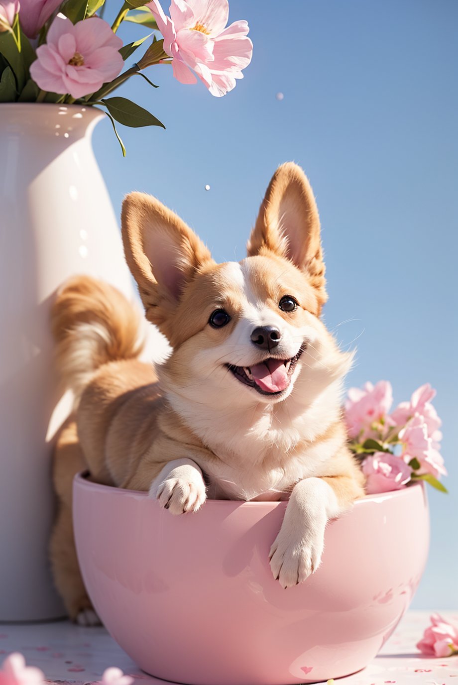 A doge with a tiny tail, a small nose, small ears, blue eyes, pink background, flowers, vases, dreams, open mouth, smile, Caroline Chariot-Dayez pastels, tumblr style, furry art, elokitty, Disney's Bambi dog, Disney's stylized furry, ears floating, fluffy tail, (fluffy:1.4), high resolution, furry art, The moon, small in size, mangguo_keji,  <lora:YG可爱柯基:0.75>,