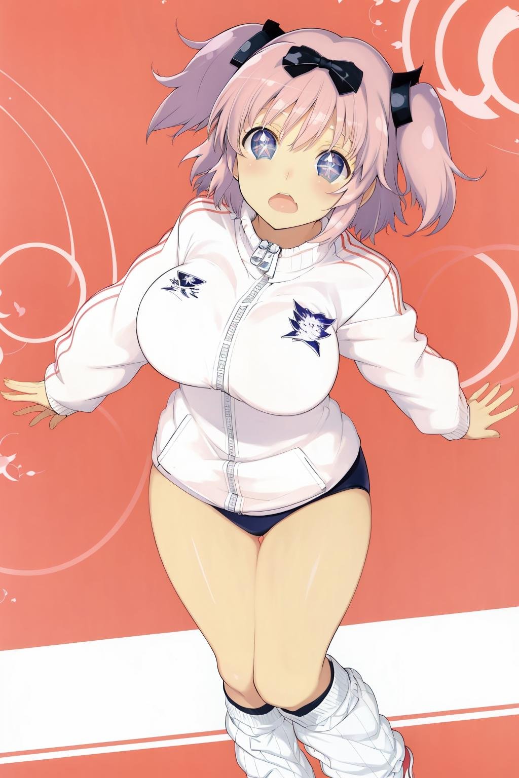 kimono, masterpiece, best quality, hibari (senran kagura), symbol-shaped pupils, pink hair, open mouth, breasts, +_+, sparkling eyes, blue eyes, short twintails, from above, track jacket, simple background,  <lora:hibari_senran kagura-000012:0.9>  <lora:Senran_kagura_style:0.4> 