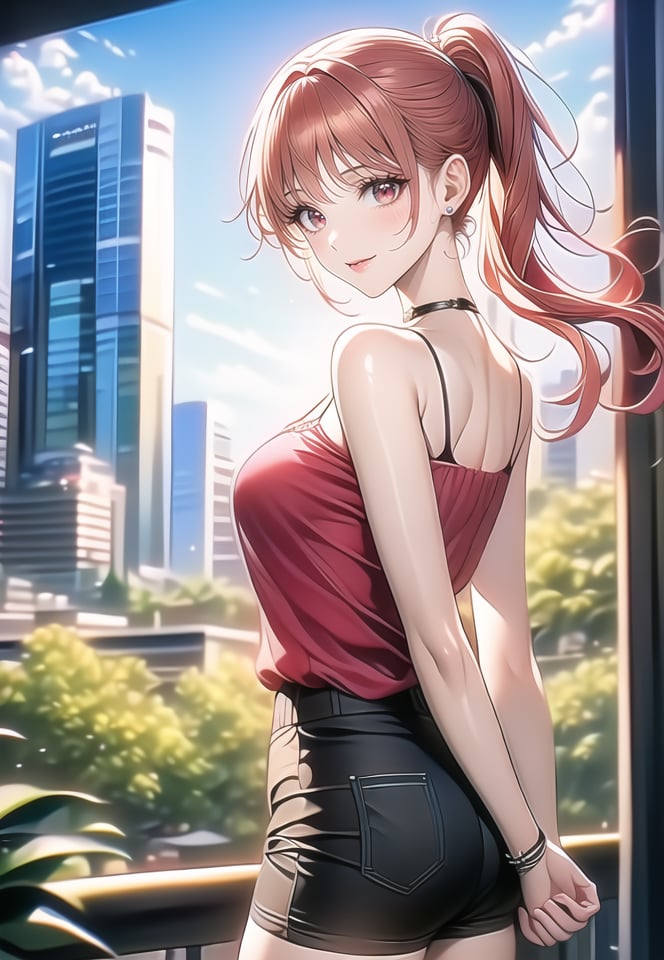 (best quality), ((masterpiece)), (highres), illustration, original, extremely detailed,1girl, solo, looking at viewer, outdoors, ponytail, smile, jewelry, long hair, red hair, red eyes, sleeveless shirt, shirt, bare shoulders, sleeveless, arms behind back, earrings, breasts, red shirt, camisole, railing, looking back, building, bracelet, shorts, blurry, closed mouth, day, medium breasts, cowboy shot, choker, bangs, bare arms, sky, black shorts, standing