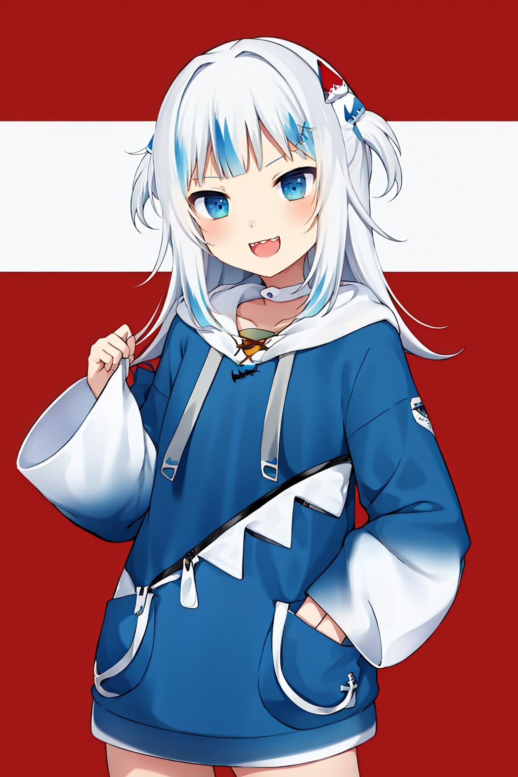 <lora:gura_v1.1-000010:0.9>,  gawr gura, gura_shark_outfit, 1girl, solo, best quality, masterpiece, highres, looking at viewer,  cowboyshot, blue shark-themed clothing, blue shark hoodie, white hair, white headband, shark tail,  (solid white background:1.3 ), hair ornament,  smile, front view, (close mouth)