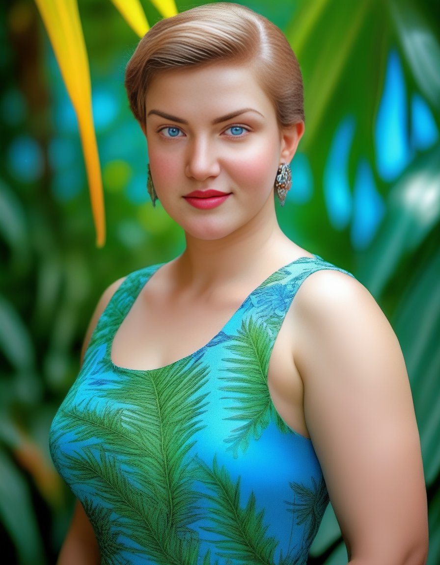 HoneyRose,<lora:HoneyRoseSDXL:1>HDR photo of beautiful woman with short blonde hair and light blue eyes, wearing a gorgeously detailed sleeveless form fitting dress, standing outside, tropical foliage in the background . High dynamic range, vivid, rich details, clear shadows and highlights, realistic, intense, enhanced contrast, highly detailed