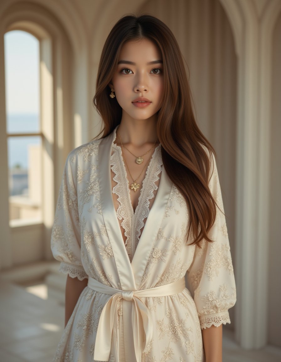 A best quality, masterpiece raw photo of a girl dressed in a long floral lace robe with ornate details, adorned with gold jewelry. Her long brown hair flows gracefully over her shoulders. The scene is set in a modern minimalist space, with sleek furniture and clean lines that contrast beautifully with her ornate outfit. The middle distance shot taken by a long-range lens captures the serene and sophisticated atmosphere of the room. The low key lighting and soft shadows add depth, while the soft bokeh effect gently blurs the minimalist background, keeping the focus on the girl’s playful yet elegant presence. The balanced contrast and exposure bring out the richness of the colors and the delicate textures in the room