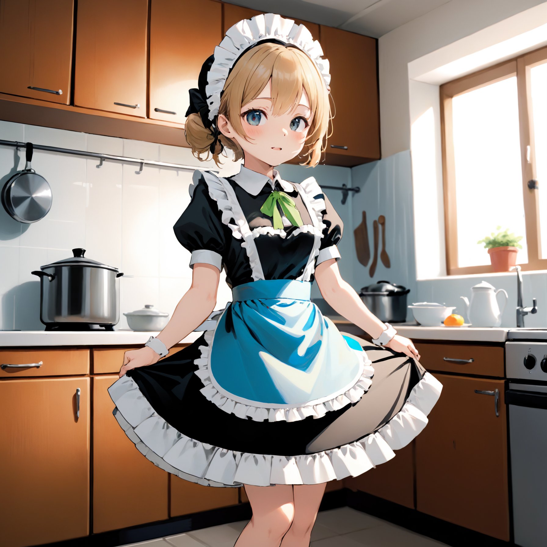 full body, 1girl, solo, maid dress, skirt lift, at kitchen