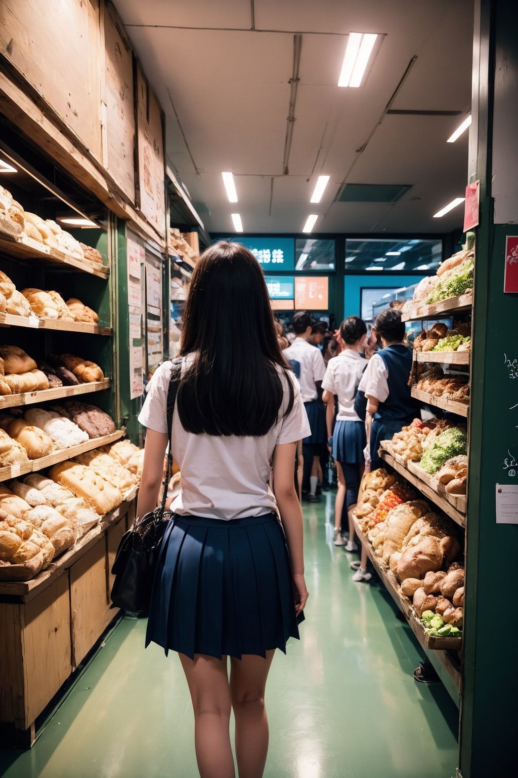 (photorealistic:1.4),(Realistic:1.2), multiple boys, shirt, black hair, food, shop, white shirt, long hair, indoors, chalkboard, multiple girls, short sleeves, collared shirt, short hair, necktie, 3boys, school uniform, 2girls, facing away, open mouth, bag, standing, uniform, smile, sleeveless, looking at another, vegetable, bread, 1girl, holding, 2boys, from behind, dress shirt, fruit, dress, shelf