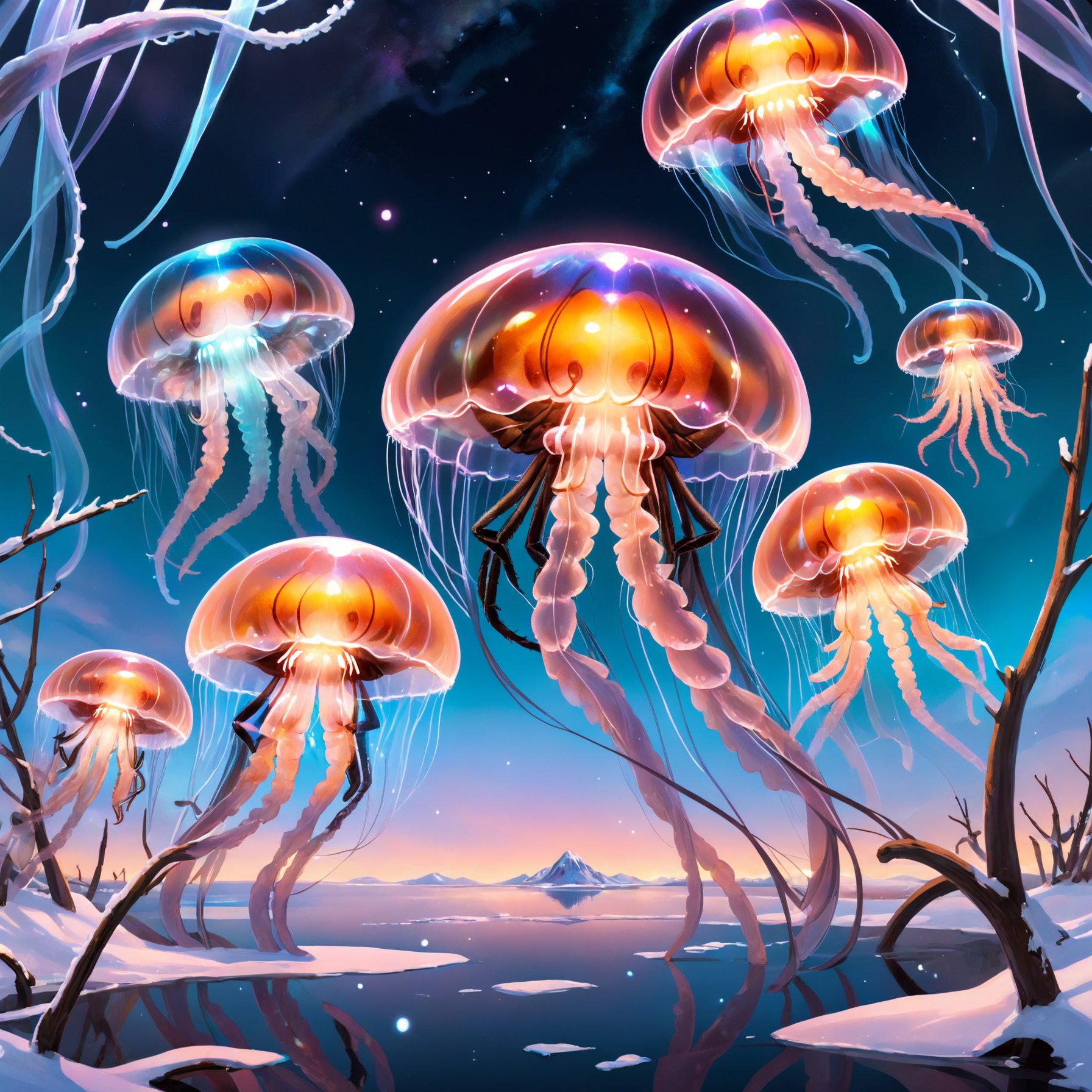 Photo of a winter evening sky with an abundance of transparent holographic jellyfish and tarantula hybrids floating in it, creating a magical and otherworldly ambiance